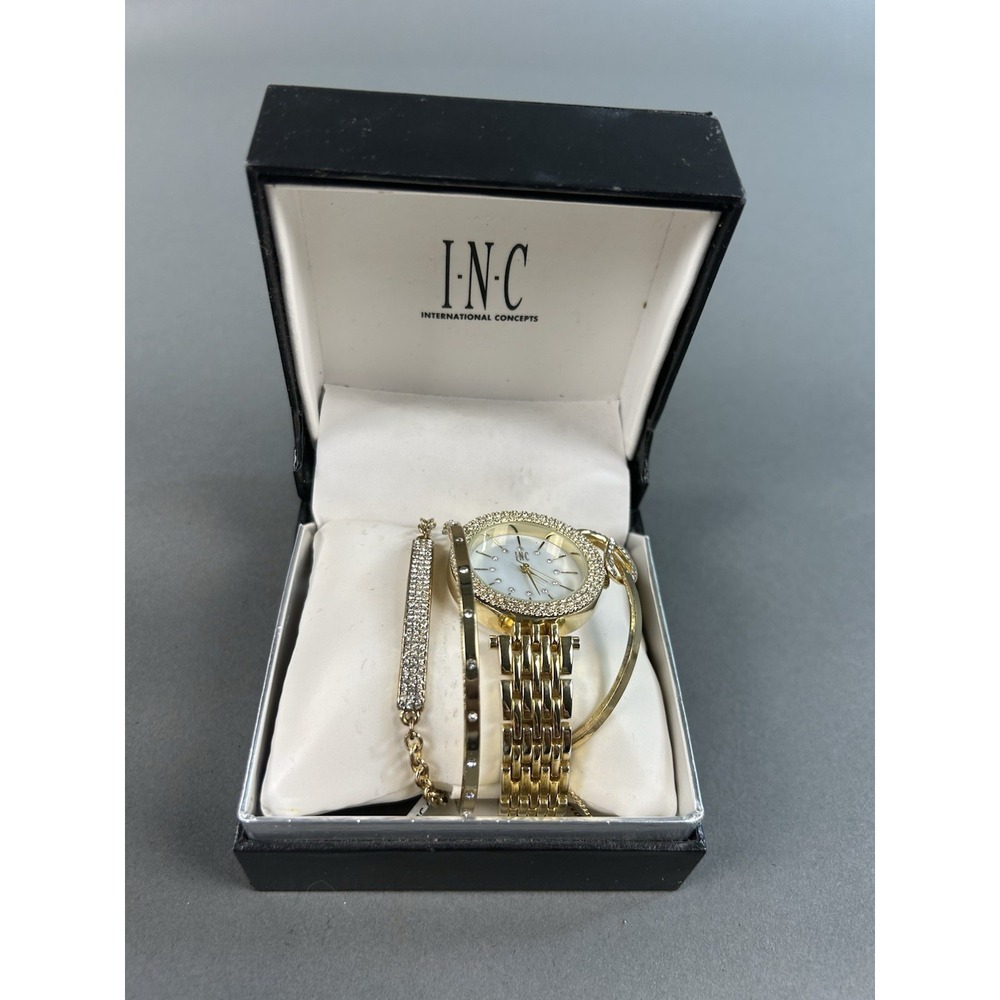 INC International Concepts Gold Tone Watch Bracelet Gift Set Crystal Untested‎